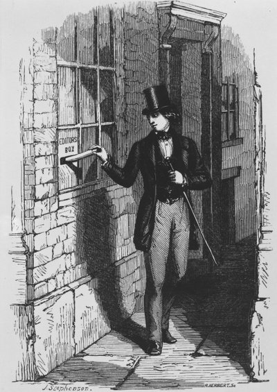 Dickens che inserisce il suo primo contributo letterario nella cassetta dell